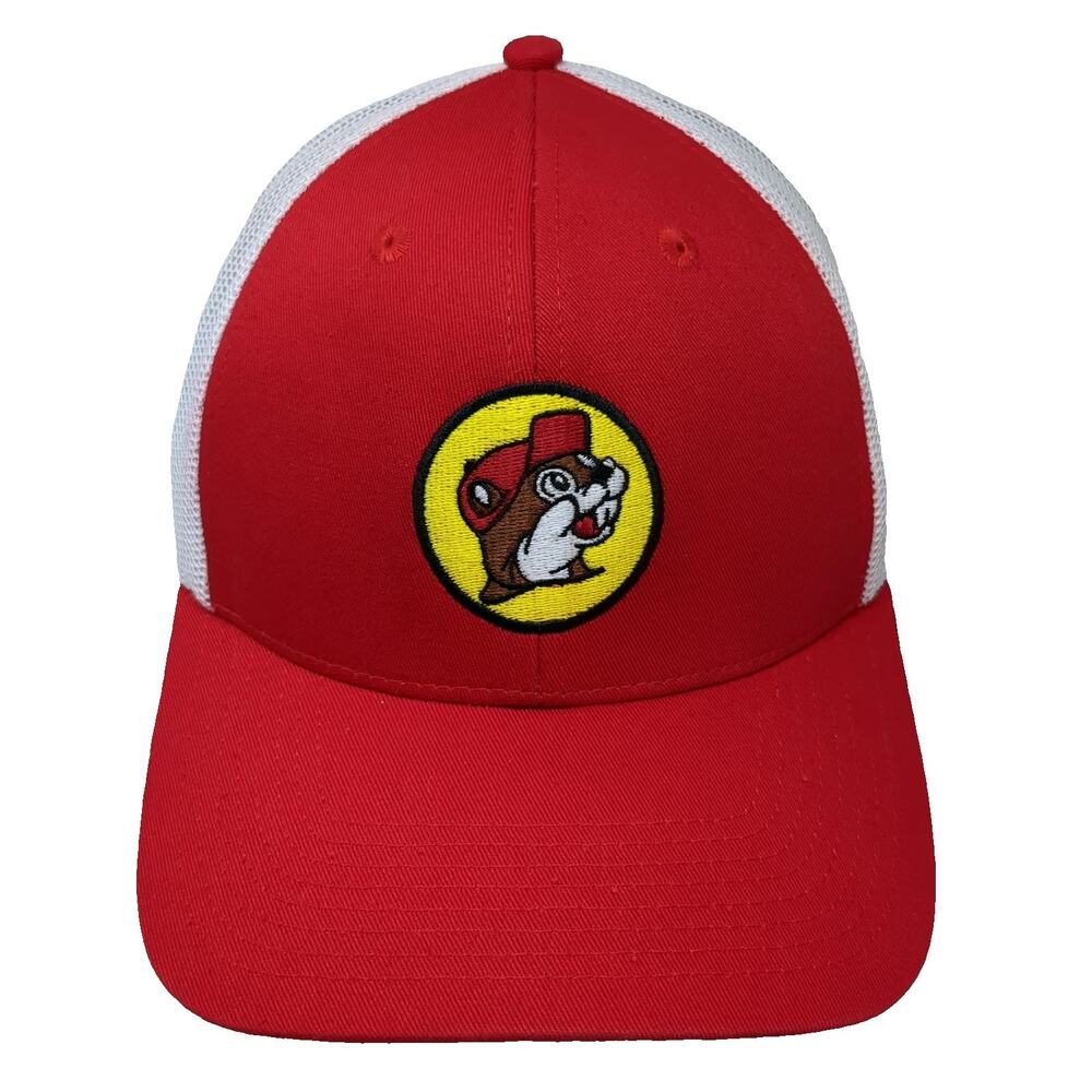 Buc-ee's Trucker Hat Red White One Size Mascot Patch Mesh Snapback Curved Brim